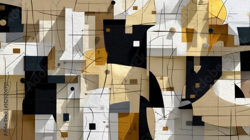 Abstract Geometric Art Installation with Cubic and Curved Shapes in Neutral Tones and Black Accents