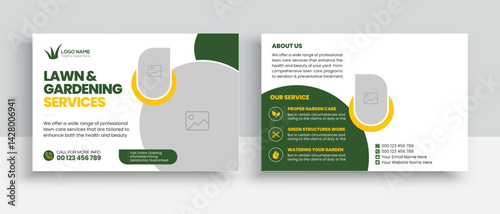 Lawn Mower Garden or Landscaping Service Postcard Template. Eddm Postcard Design, Event Card Design, Direct Mail Template, Invitation Design. leaflet, grass, equipment, gardener