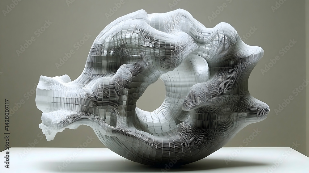 Naklejka premium Organic sculpture of layered sheets creates a complex form with light and shadow play