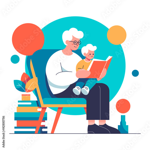 A father sits in a chair at home and reads a book to his son who is sitting on his lap.