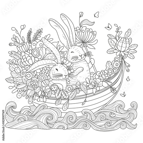 Two cheerful rabbits are sailing on a wooden boat decorated with flowers. Coloring page for children and adults. Illustration for coloring.