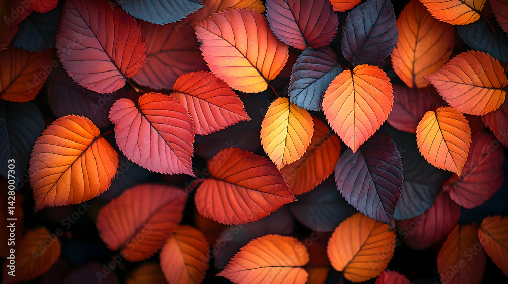 Obraz premium Vibrant autumn foliage displays leaves in shades of red orange and blue densely packed creating a textured canvas