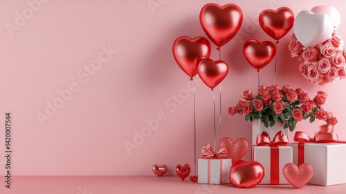 Valentine's Day or Women's Day concept. Balloons, flowers and gift boxes. Pink tulips and gift boxes. Happy Mother's Day. Pink Flowers background. Romantic design. Greeting cards. Copy space area