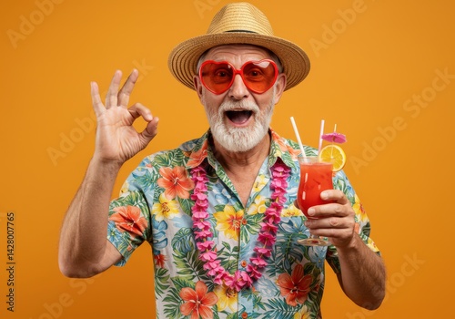 An older gentleman in a Hawaiian shirt enjoying a cocktail, wearing heart-shaped sunglasses, and an okay sign.