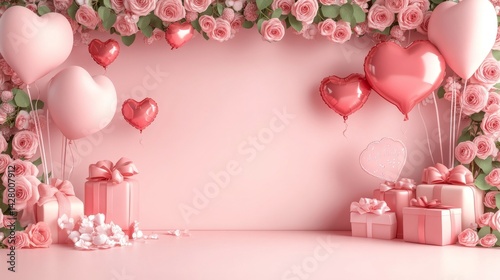 Valentine's Day or Women's Day concept. Balloons, flowers and gift boxes. Pink tulips and gift boxes. Happy Mother's Day. Pink Flowers background. Romantic design. Greeting cards. Copy space area