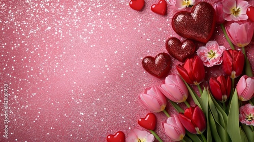 Valentine's Day or Women's Day concept. Balloons, flowers and gift boxes. Pink tulips and gift boxes. Happy Mother's Day. Pink Flowers background. Romantic design. Greeting cards. Copy space area