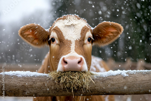 Cow chewing hay while snow falls around, peaceful winter barnyard