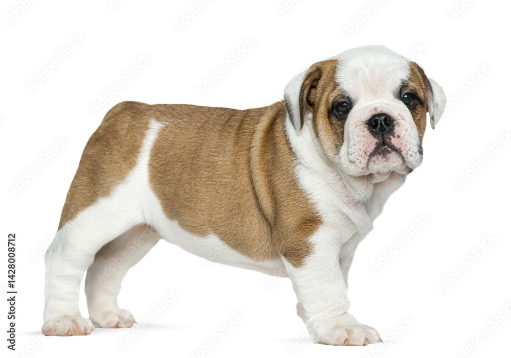 Side view of a cute english bulldog puppy standing on a transparent background Side view of a cute english bulldog puppy standing on a transparent background