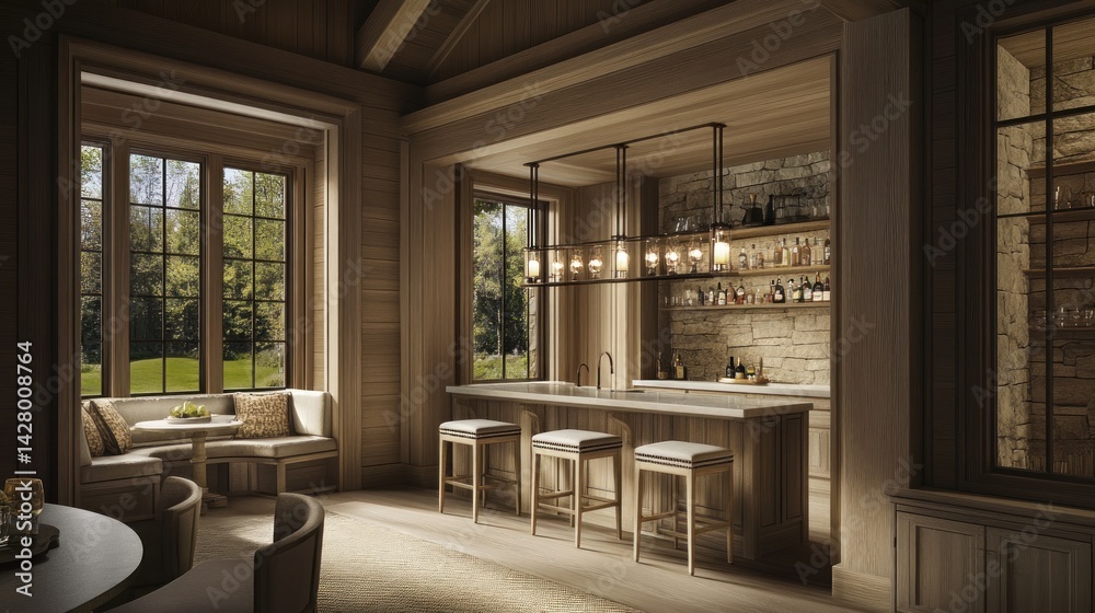 Fototapeta premium Rustic, modern lodge bar area with expansive windows.