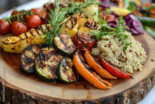 Grilled Vegetables and Quinoa on Rustic Wooden Board