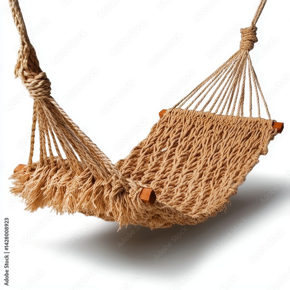 Obraz premium Tan Woven Rope Hammock Hanging Against White Background