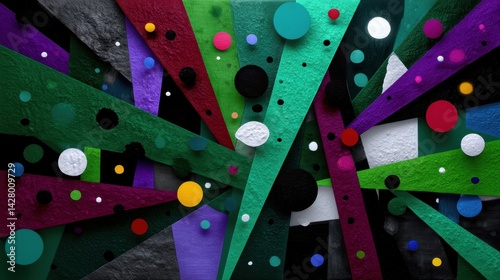 Colorful Geometric Abstract Art with Textured Strips and Circles in Various Bright Colors