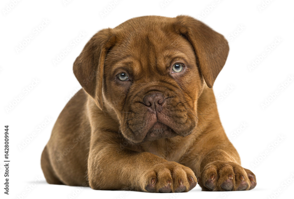 Studio shot of an adorable dogue de bordeaux puppy lying down and looking forward, isolated on a transparent background Studio shot of an adorable dogue de bordeaux puppy lying down and looking forward, isolated on a transparent background