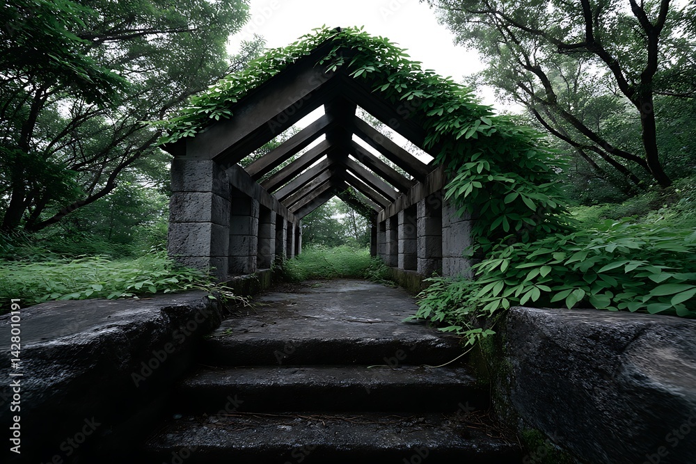 Overgrown Stone Archway Serene Forest Path. Overgrown Stone Archway Serene Forest Path.