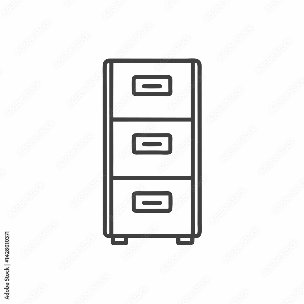 A simple line drawing of a three-drawer cabinet, perfect for office organization. A simple line drawing of a three-drawer cabinet, perfect for office organization.