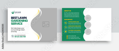 Lawn Mower Garden or Landscaping Service Postcard Template. Eddm Postcard Design, Event Card Design, Direct Mail Template, Invitation Design. leaflet, grass, equipment, gardener