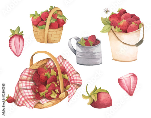Strawberry Watercolor Picnic Basket with Rustic Farm Style and Cottagecore Charm