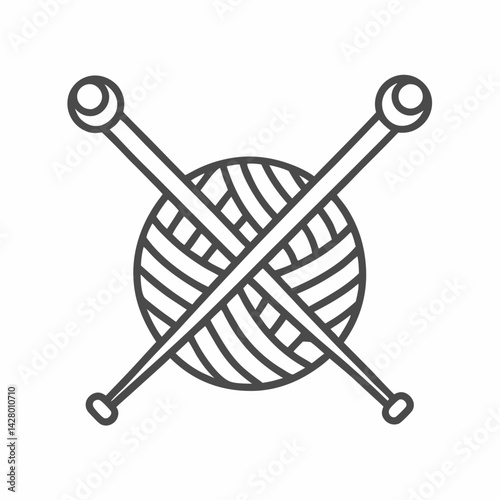 A simple black and white illustration of knitting needles crossed over a ball of yarn.