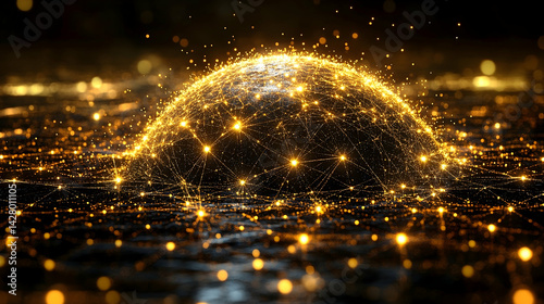 Golden hemisphere of connected nodes glowing bright with depth of field on a dark watery surface