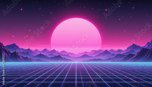 A retro-futuristic vaporwave background, glowing pink and purple horizon, wireframe mountains, grid floor, pixel stars in a nostalgic 1980s digital aesthetic photo