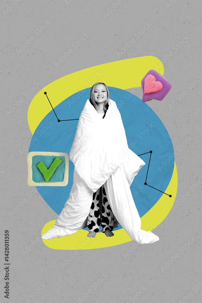 Fototapeta premium Image creative collage of person in pajama with checkmark like 3d icon on grey background