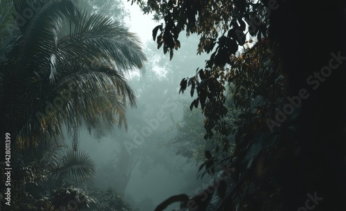 Misty jungle scene. Lush foliage in dense forest photo