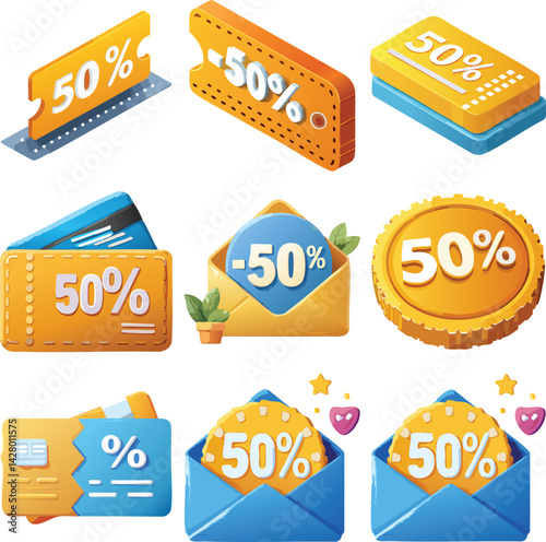 Voucher icon sale 50% cartoon 3d