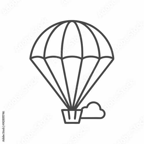 An illustrated line drawing of a parachute descending through the sky, surrounded by fluffy clouds.
