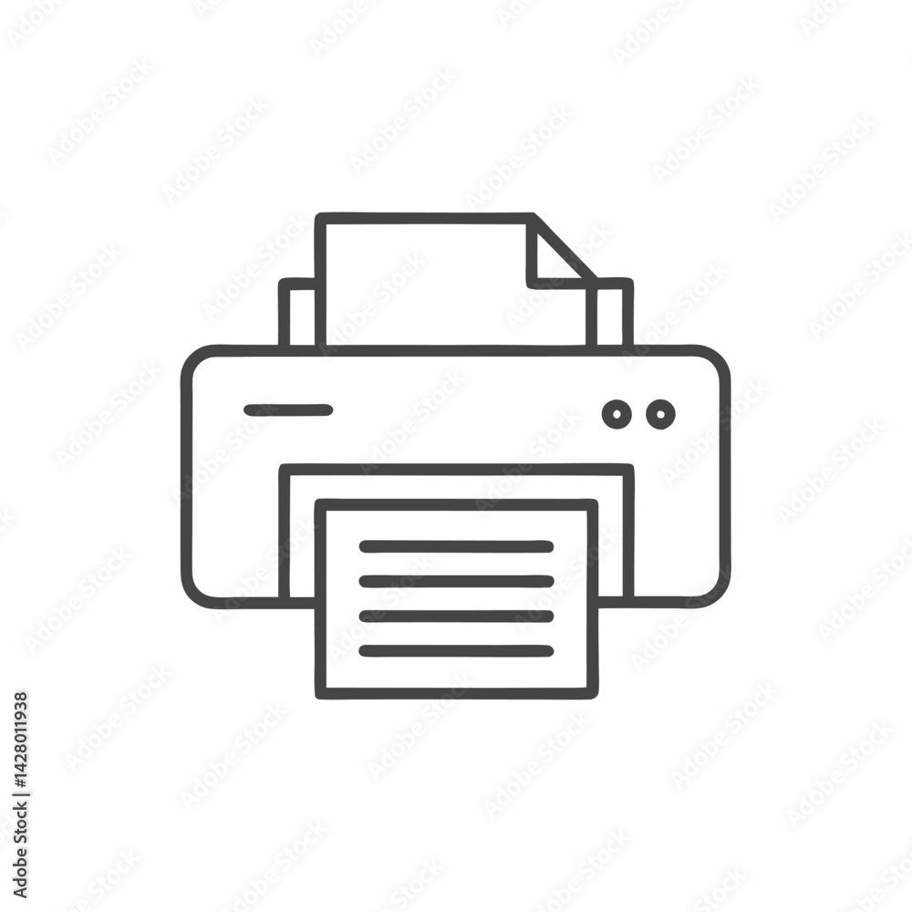 A monochrome illustration of a printing machine with a document being printed. A monochrome illustration of a printing machine with a document being printed.
