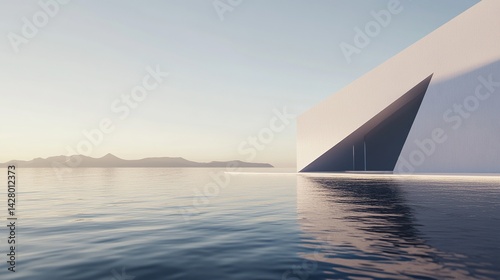 Modern minimalist house with infinity pool and sleek architectural lines under clear blue sky, contemporary exterior design featuring white walls, large glass windows, and water reflections.