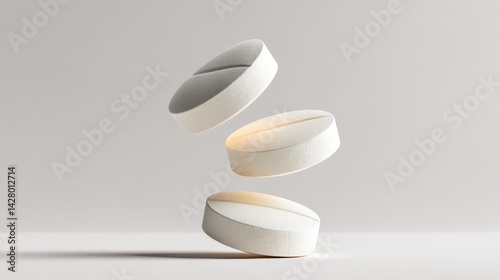 Three white pills are stacked on top of each other. Concept of stability and balance, as the pills are stacked in a way that they do not topple over