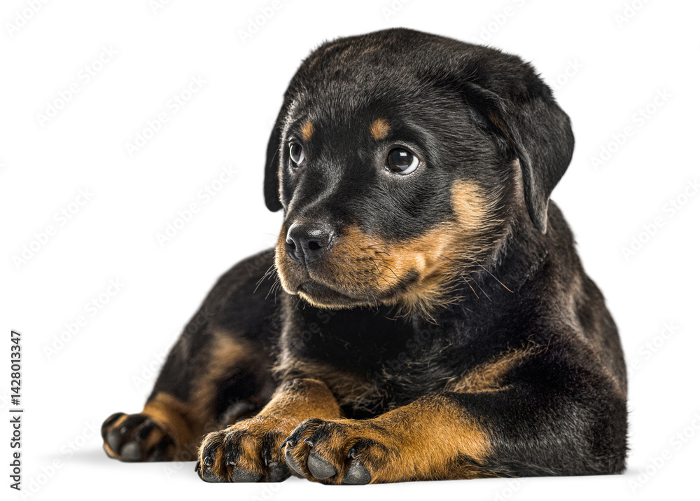 Obraz premium Cute rottweiler puppy lying down and looking away, isolated on transparent background