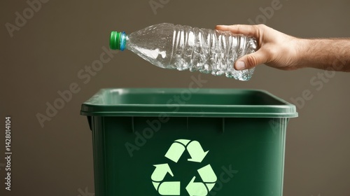 Hand Disposing Plastic Bottle into Green Recycling Bin