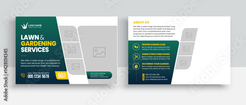 Lawn Mower Garden or Landscaping Service Postcard Template. Eddm Postcard Design, Event Card Design, Direct Mail Template, Invitation Design. leaflet, grass, equipment, gardener