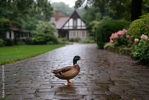 Duck waddling across stone path to farmhouse entrance 