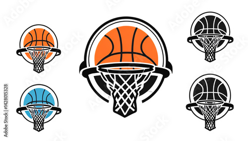 Basketball Hoop Logos in Various Color Schemes. Four stylized basketball hoop logos displayed against a plain white background