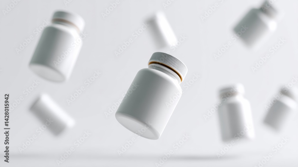 White pill bottle is floating in the air with other pill bottles. Concept of motion and energy, as if the pills are being released into the air. The white color of the pills White pill bottle is floating in the air with other pill bottles. Concept of motion and energy, as if the pills are being released into the air. The white color of the pills