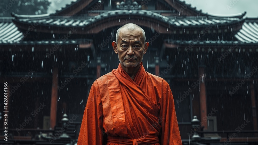 A man in an orange robe standing in the rain A man in an orange robe standing in the rain