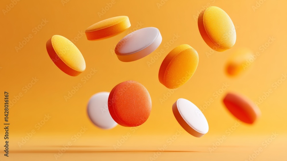 Bunch of pills are flying through the air, with some of them landing on a yellow background. The pills come in various colors, including orange, white, and red. Concept of chaos and disorder Bunch of pills are flying through the air, with some of them landing on a yellow background. The pills come in various colors, including orange, white, and red. Concept of chaos and disorder