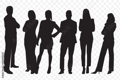 Businessman and businesswoman silhouette black filled vector Illustration. Businesspeople set silhouette full isolated different pose on Transparent Background. EPS 10.