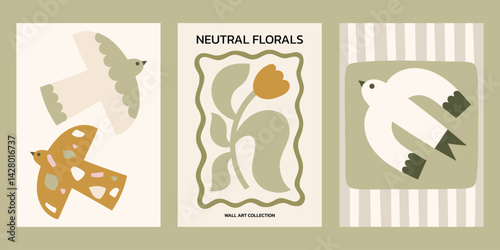 Neutral colors floral vector posters set. Minimalist print designs with flower in whimsical frame and boho doves illustrations