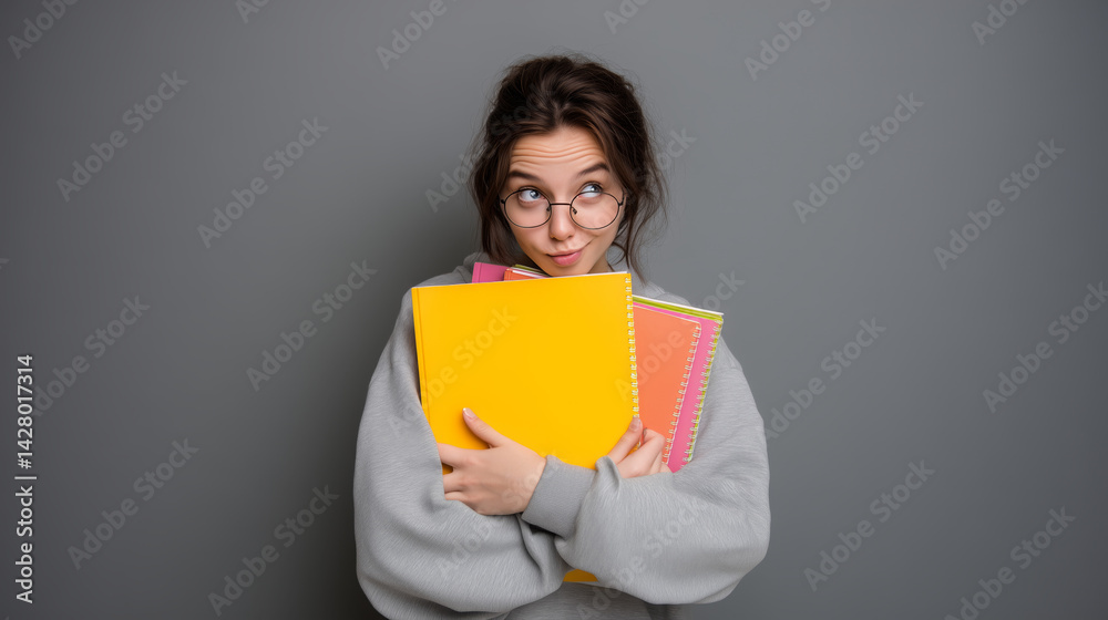 Young woman holding a stack of exercise books isolated on gray background Young woman holding a stack of exercise books isolated on gray background