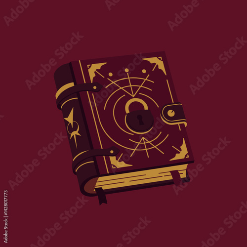 Ancient locked book with mystical symbols in dark red background  Magic ritual