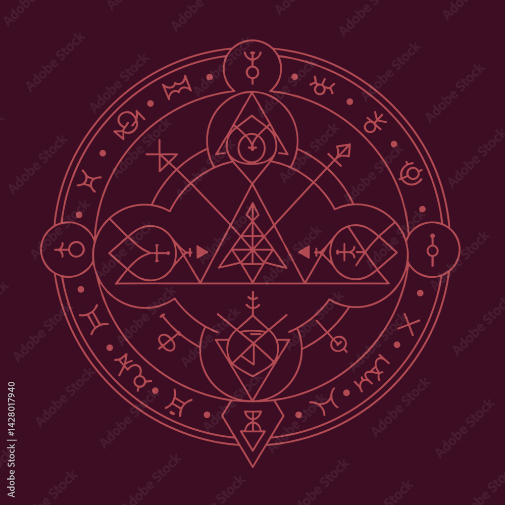 Magical Symbol Circle Illustration in Red on Dark Background Magic ritual Magical Symbol Circle Illustration in Red on Dark Background Magic ritual