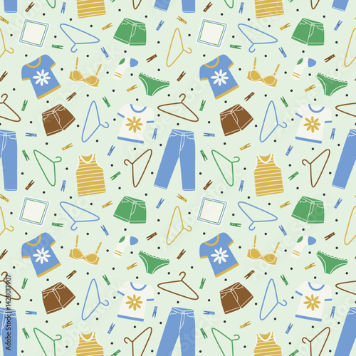 Assorted Clothes with Hangers and Clothespins on Mint Seamless Pattern Design