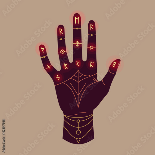 Hand with mystical symbols glowing against a beige background  Magic ritual