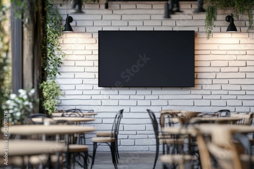 Empty cafe interior with blank screen