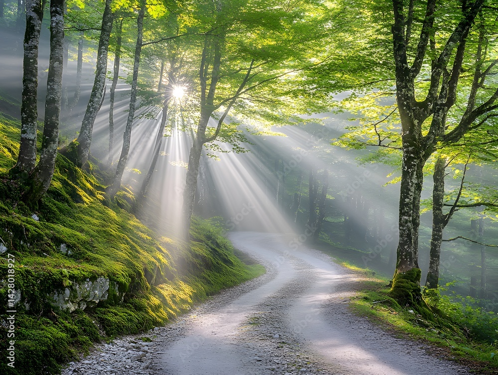 Fototapeta premium Sunbeams Through Misty Forest Path Magical Nature Scene