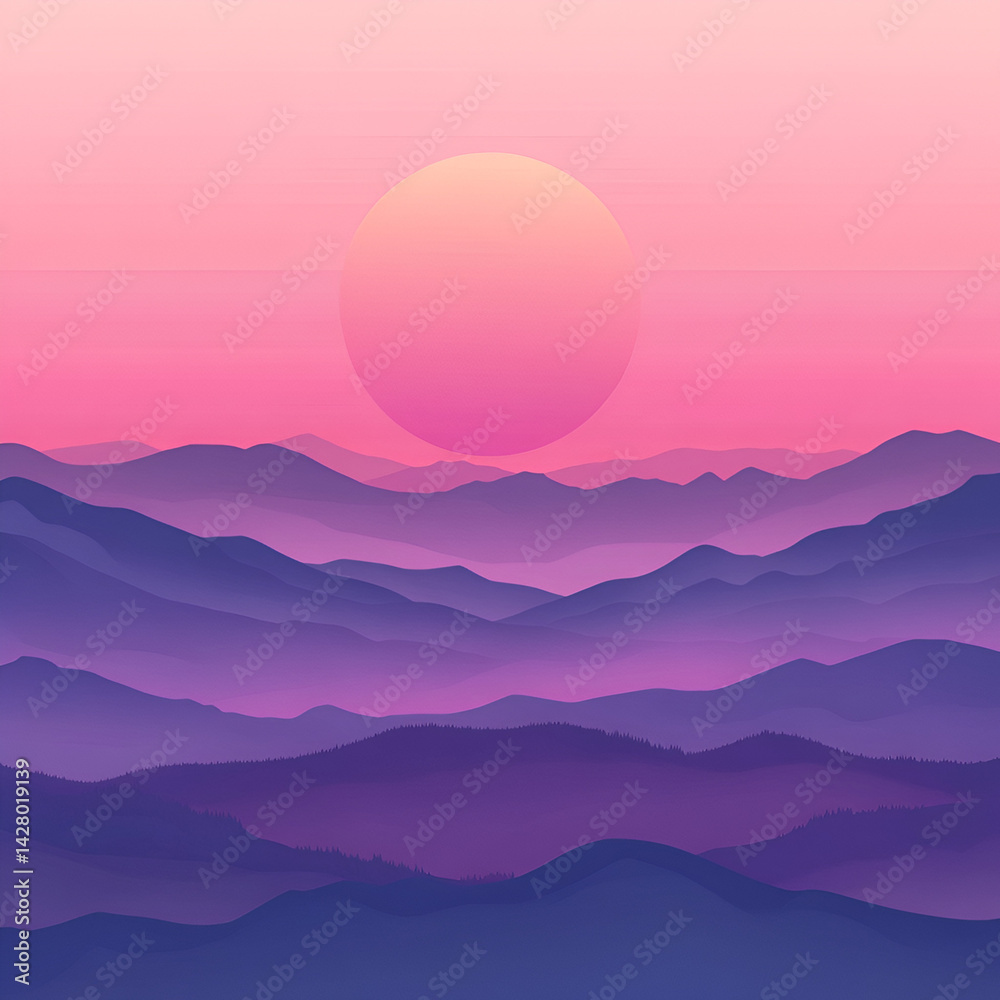 Fototapeta premium Tranquil sunset over hills serene landscape digital art peaceful environment aesthetic view warm gradient tones