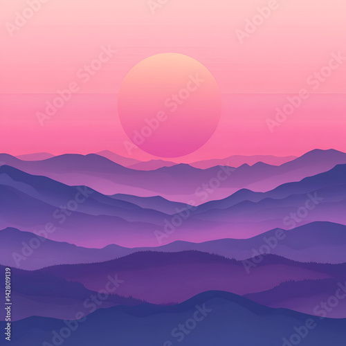 Tranquil sunset over hills serene landscape digital art peaceful environment aesthetic view warm gradient tones